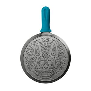10.5 Inch Seasoned Cast Iron Xolo Sugar Skull Griddle with Deluxe Handle Holder